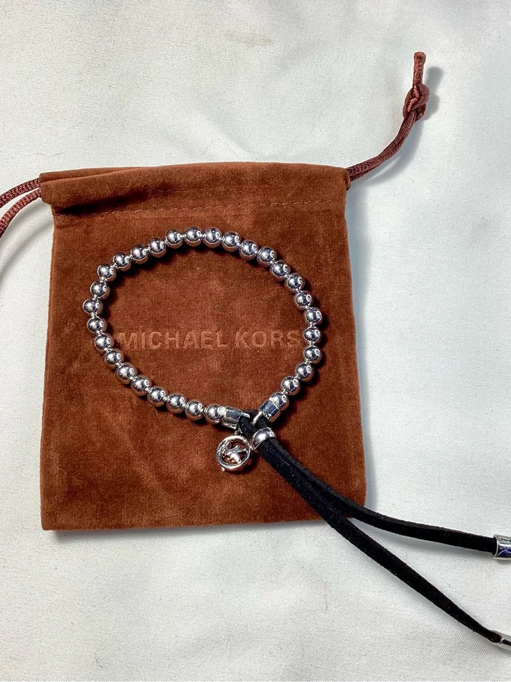 Michael Kors Silver-Tone Beaded Stretch Black Cord Bracelet NWT includes MK Bag